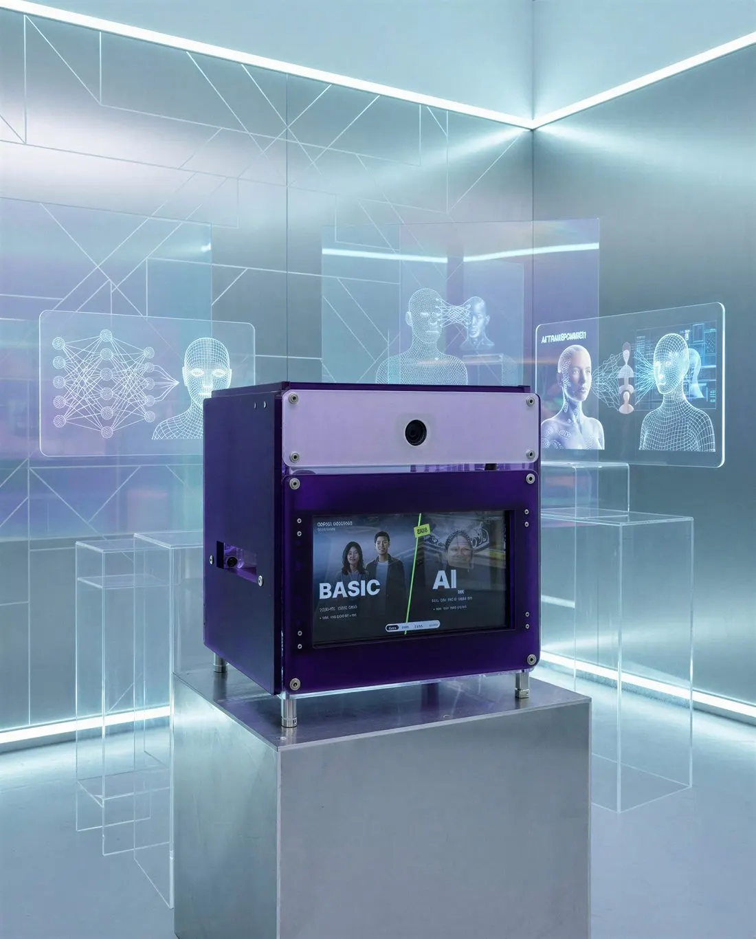 A purple PickyPic booth with the BASIC and AI mode screen lit