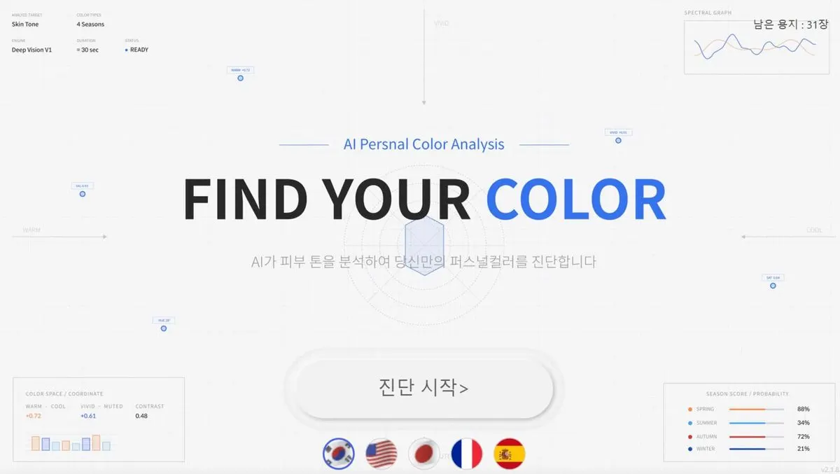 Kiosk main screen reading FIND YOUR COLOR with a start button and language flags